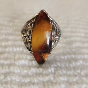 Genuine Amber ring size 8 from Lithuania in silvertone filigree setting